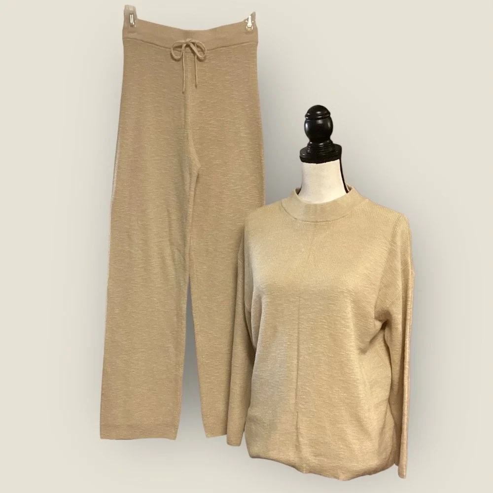 Free People Beach Malibu Set Oatmeal Knit Sweater & Wide Leg Pants in XS - Picture 2 of 11